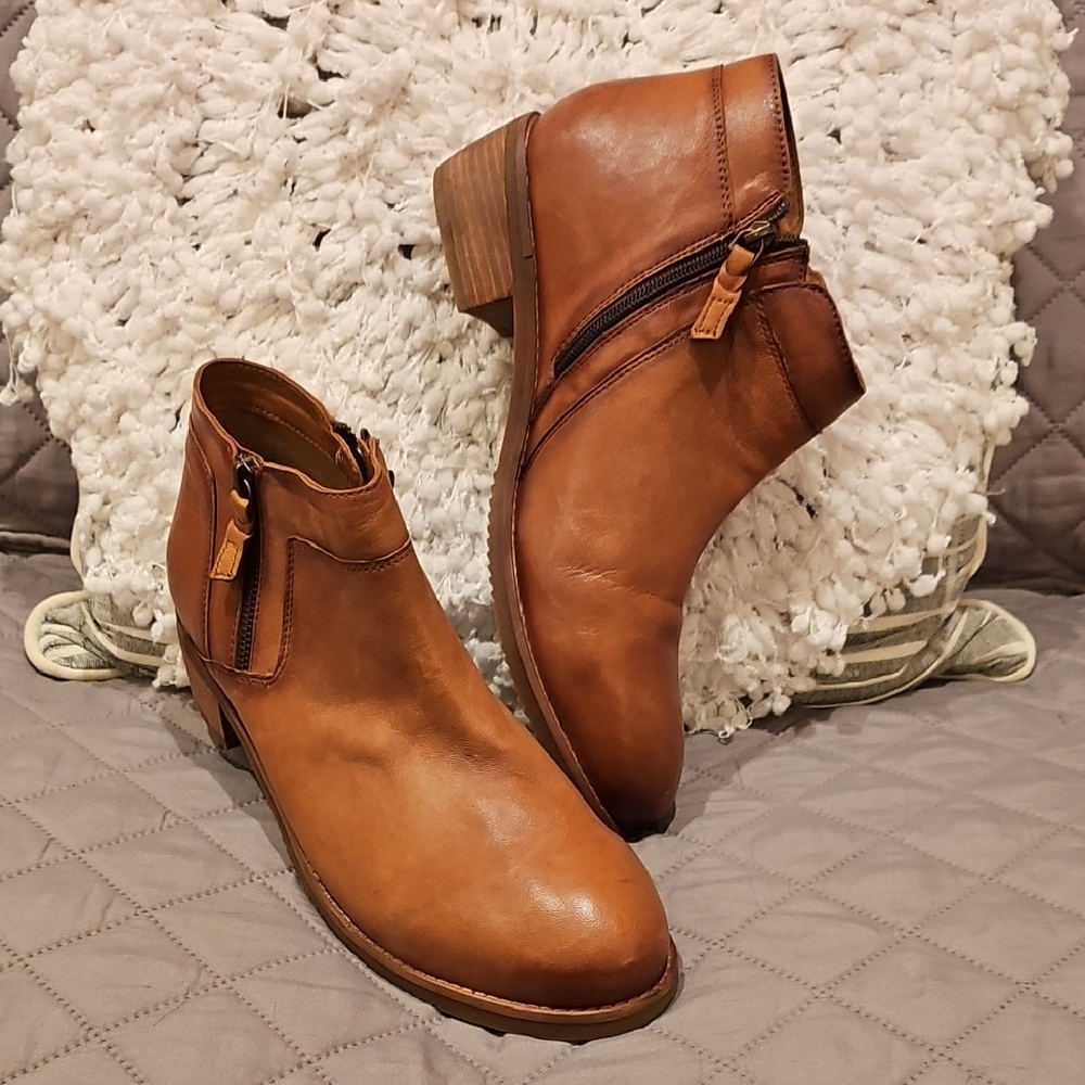 SoftWalk Cognac Ankle Booties with Diagonal Zipper